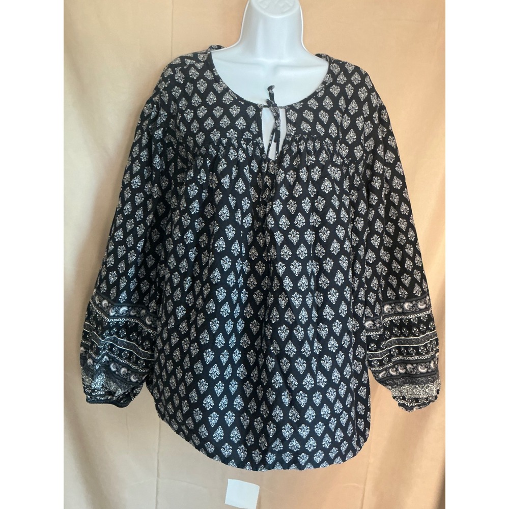 Old Navy Blouse Women XL Tall Black Excellent Boho Balloon Sleeve Block Print
